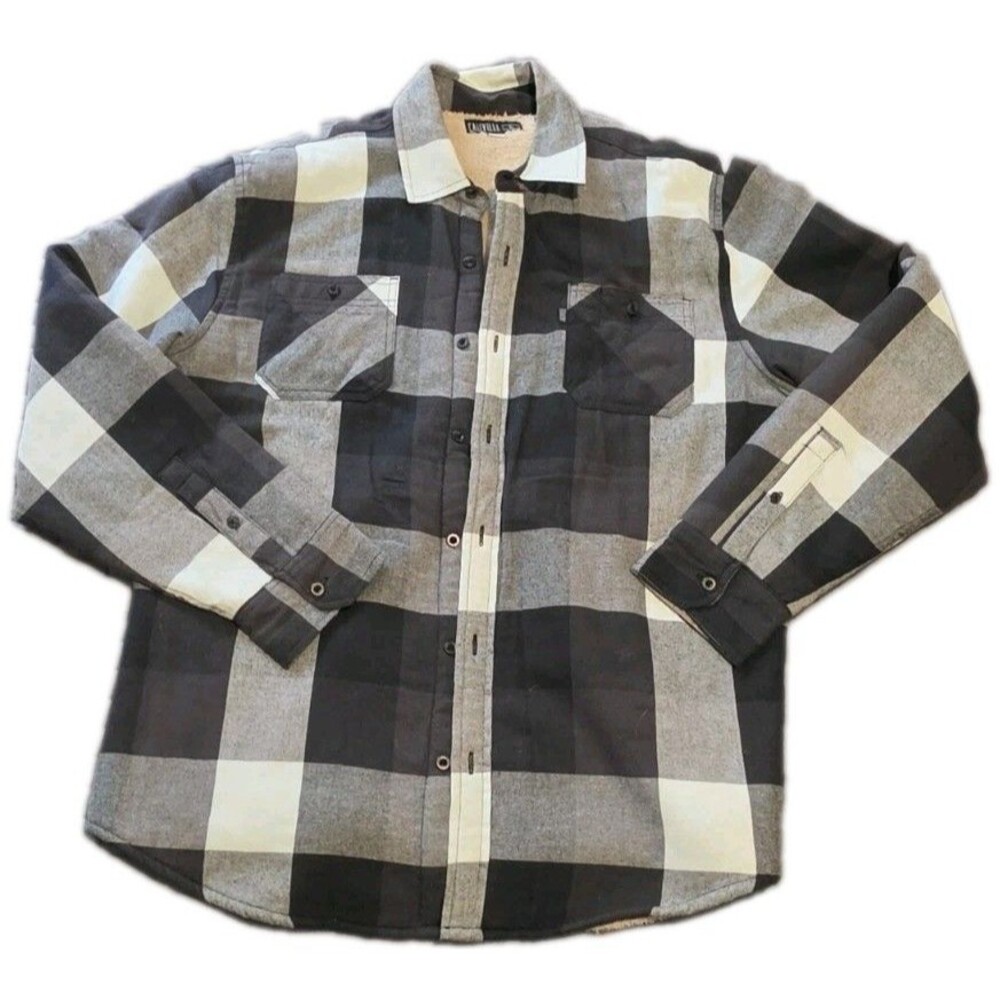 Caliville Men's Sherpa Lined Flannel Shirt Jacket Plaid Black Blue Gray Size L